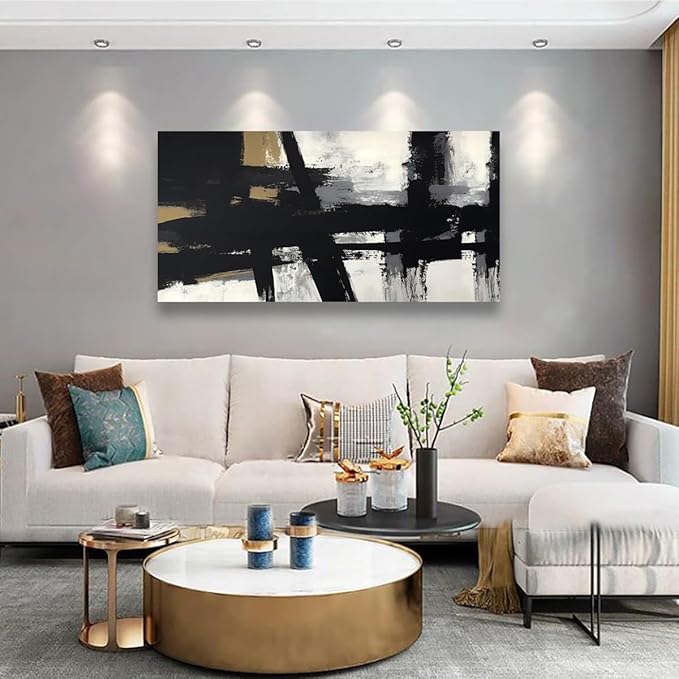 Black and White Abstract Pictures Canvas Wall Art for Living room Office Bedroom Wall Decor,Abstract Wall Art Print Paintings Modern Black Yellow Artwork Waterproof Ready to Hang-28X57 inch