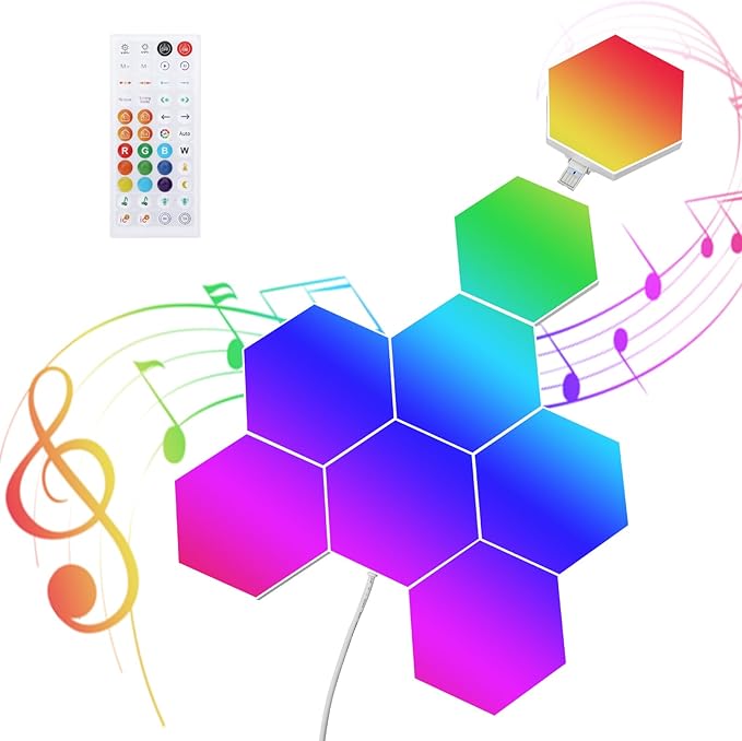 8 Pack RGB Hexagon Led Lights Wall Panels, Music Sync Color Changing Circle Lights, Hexagon Lamp with Remote Control & App Control, Led Shape Hex Light for Bedroom Gamers PlayStation Decor