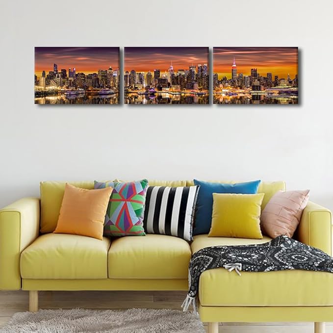 Canvas Wall Art for Living Room New York City Panorama Modern Home Decor Cityscape Sunrise View HD Printed Posters for Bedroom Office Wall Art Painting Bathroom Pictures Ready to Hang 16x72 Inch