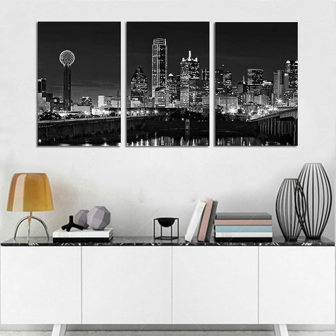 NAN Wind 3 Pcs Wall Art Dallas Skyline Black & White Canvas Art Paintings For Room Decor Dallas Cityscape Skyscrapers Night Scene Picture Prints On Canvas For Home Decor Modern Giclee Framed