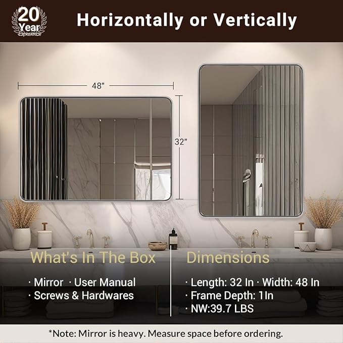 ANDY STAR 48x32 Inch Chrome Bathroom Mirror, Chrome Bathroom Vanity Mirror, Rounded Rectangle Mirror, Anti-Rust SUS304, Seamless Tube Metal Frame, 1’’ Deep Wall Mounted Vertically/Horizontal