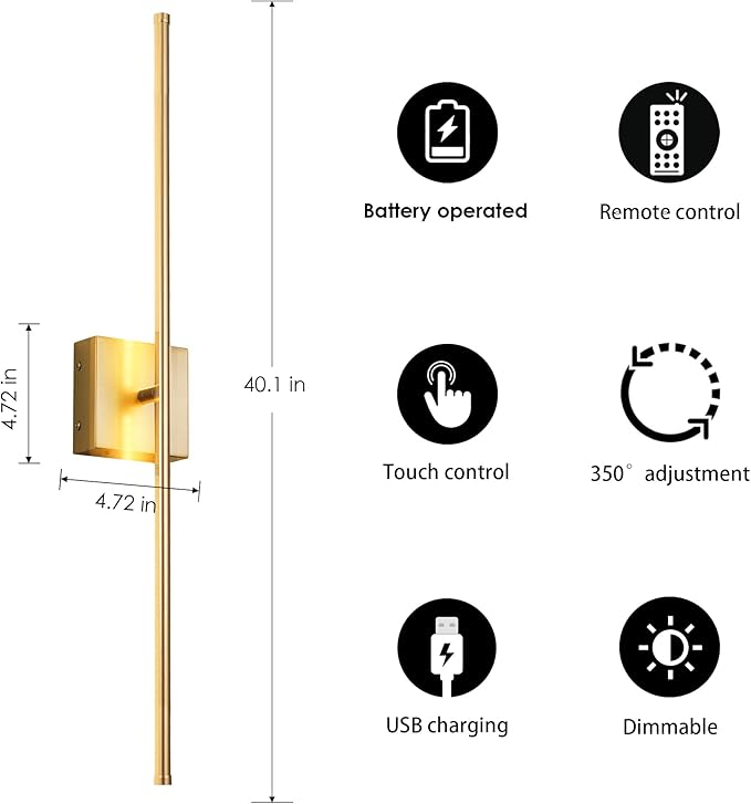 Battery Operated Wall Sconces with Remote Control, Dimmable Wall Sconces Set of Two, 350°Rotate, 3000K LED Gold Wireless Wall Light for Living Room, Hallway, Bedroom, 40.1 Inch (2 Pack)