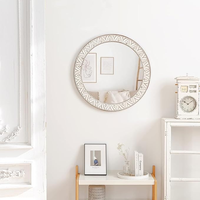 24" Round Mirror Farmhouse Wooden Frame Circle Mirrors, Rustic Decorative Distressed Wall Mounted Mirror for Bathroom, Bedroom, Living Room, Entryway, Fireplace, Hall