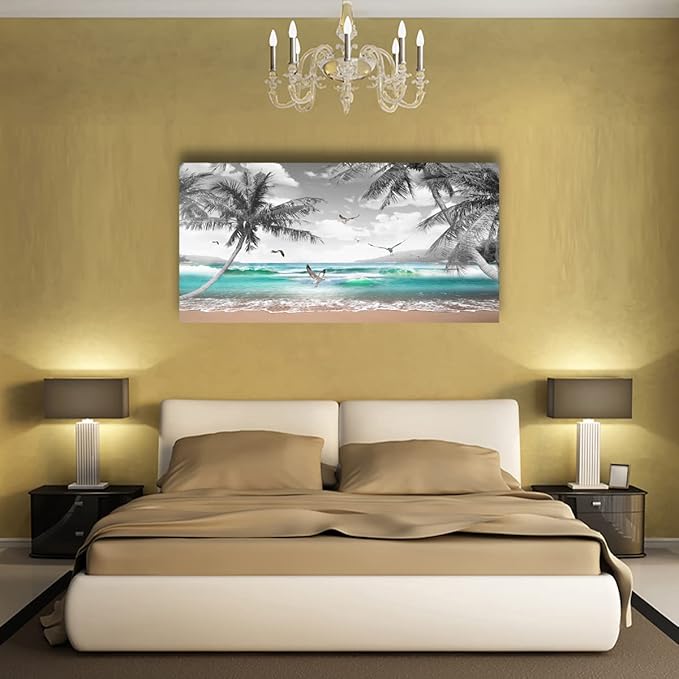 Beach Palm Pictures Canvas Wall Art For Living Room Bedroom Wall Decor,Sea Wave Wall Art Print Paitnings For Home Decor,Morden Artwork Coconut Tree Canvas Art Ready To Hang-24X48 Inches