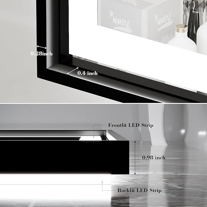 LED Bathroom Mirror, 20x28 Inch Frontlit & Backlit Black Framed Lighted Mirror,Wall Mouted Vanity with Lights,Double Lights Strips,Anti Fog Stepless 3 Colors Temperature & Dimmable
