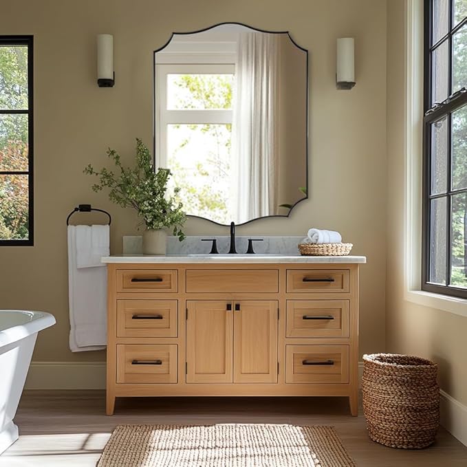 ANDY STAR Bathroom Mirror, 28x36 Inch Matte Black Vanity Mirror, Unique Rectangle Mirror with Sophisticated Curved Design, Ideal for Bathroom Remodel (Vertical or Horizontal)