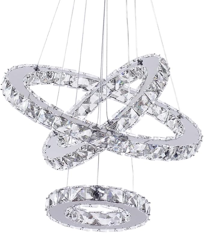 LED Chandeliers 3 rings LED Ceiling Lighting Fixture Modern Crystal Chandeliers Adjustable Stainless Steel Pendant Light for Bedroom Living Room Dining Room(Changeable Color,Control by button)