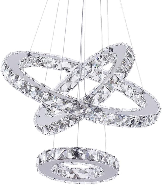 LED Chandeliers 3 rings LED Ceiling Lighting Fixture Modern Crystal Chandeliers Adjustable Stainless Steel Pendant Light for Bedroom Living Room Dining Room(Changeable Color,Control by button)