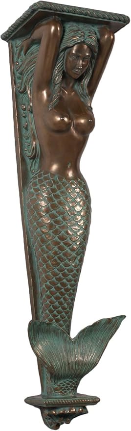 Nautical Tropical Mermaid Pilaster Wall Accent Sculpture (Verde Bronze, Large 43" H)