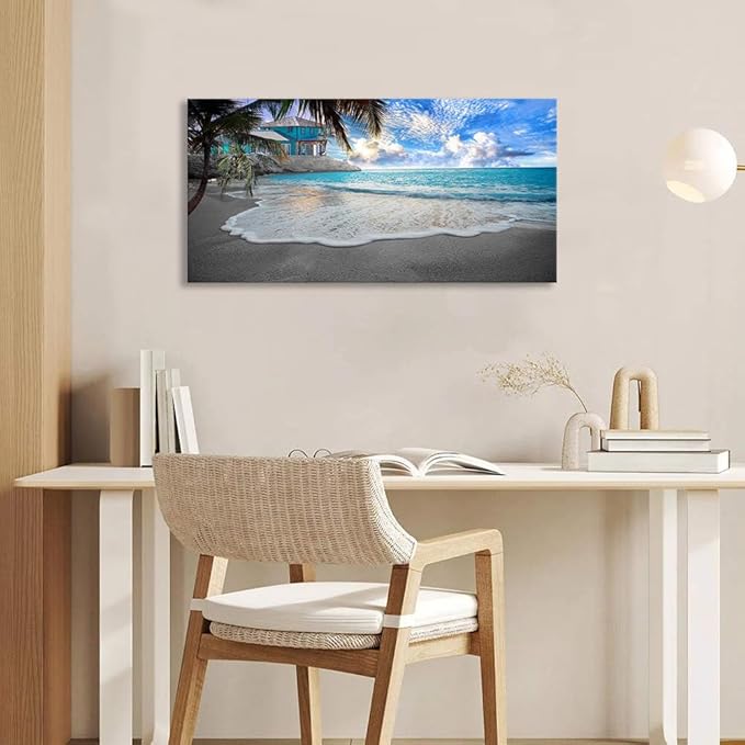 BYXART Beach Canvas Wall Art for Bedroom Ocean Themed Living Room Decor Tropical Palm Tree Artwork Blue Sea Waves Picture Seascape Scenery Nature Painting for Home Office Decoration 40L x 20W