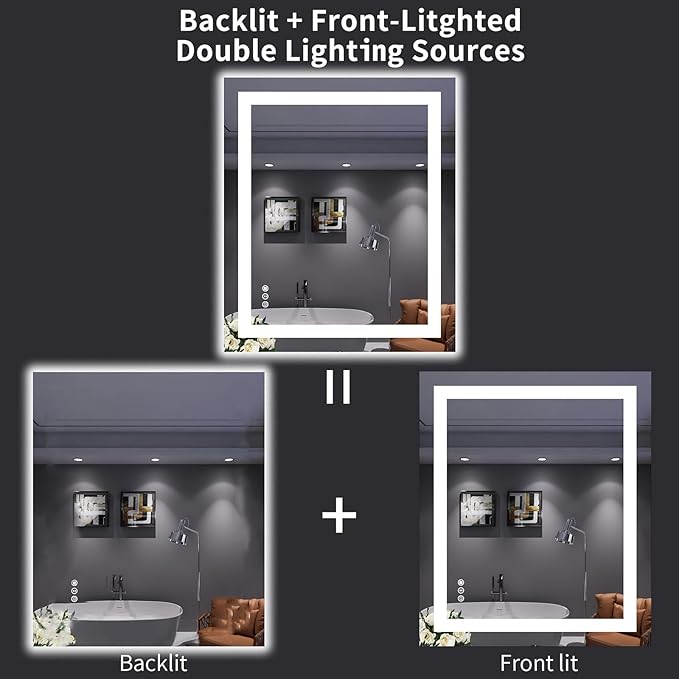 LOAAO 30X36 LED Bathroom Mirror with Lights, Anti-Fog, Dimmable, Backlit + Front Lit, Lighted Bathroom Vanity Mirror for Wall, Memory Function, Tempered Glass, Shatter-Proof, ETL Listed