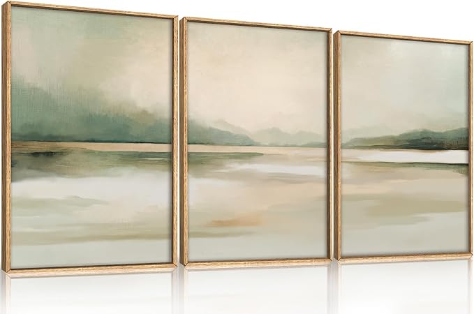 Large Abstract Sage Green Pastel Framed Canvas Wall Art Set,Minimalist Neutral Landscape Wall Decor,Modern Watercolor Mountain Lake Artwork for Living Room,Bedroom-24 x36 x3
