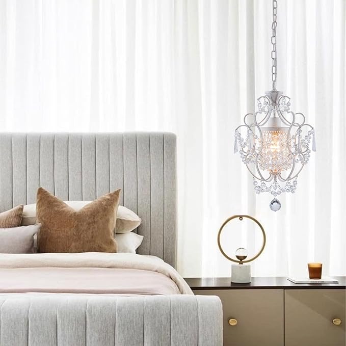 Modern Mini Chandelier,White Retro Crystal Light Fixtures Ceiling Mount 1 Light Small Crystal Chandeliers for Bedroom Elegant Hanging Lighting for Girls Room Dining Room Closet Kitchen Island