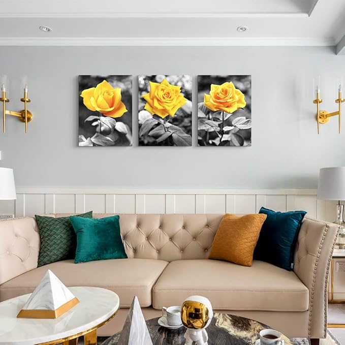 Canvas Wall Art For Bedroom Living Room Bathroom Wall Decor For Kitchen Family Pictures Artwork Black And White Yellow Rose Flowers Paintings 16" X 24" 3 Pieces Framed Modern Office Home Decorations