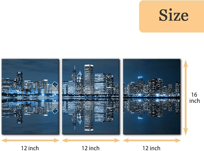 Pacimo Chicago Cityscape Modern Canvas Wall Art Prints Artwork Skyscrapers at Night View Paintings City Skyline Pictures Painting for Home Decorations Decor Framed Ready to Hang - 12"x16"x3 Panels