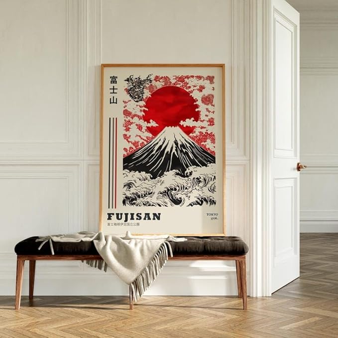 Mount Fuji Poster, Traditional Japanese Wall Art Print with Red Sun and Wave Landscape, Japandi Style Asian Home Decor for Bedroom, Living Room or Gallery Wall (Unframed) (27x40)