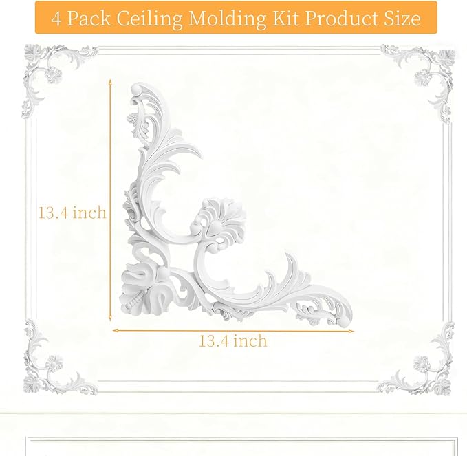 4 Pack Ceiling Molding Kit - 13.4'' x 13.4'' French Style Corners Murals Trim Accent Wall Decor with Flowers Pattern Decorative Panels for Christmas Fireplace Medallion Wall Cabinet Staircase DIY