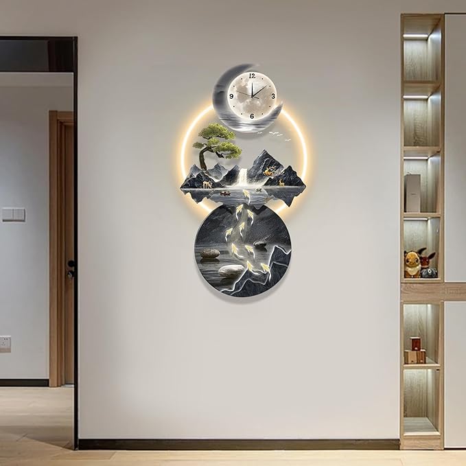 LED Light Art Wall Decor, 3D Art Wall Decor Clock, Decor Wall Sculptures with Lights, Modern Home Decor Landscape Wall Sculpture, Plug-in Power Supply, Blue a, 19x39IN