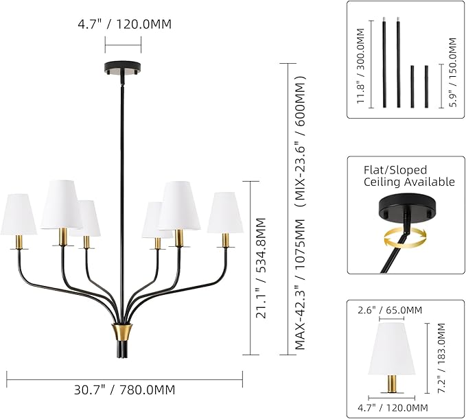30" Modern Black and Gold Chandelier for Dining Room, 6-Light Mid Century Pendant Light with White Fabric Shade, Contemporary Ceiling Lighting for Living Room Bedroom Kitchen Island, E12