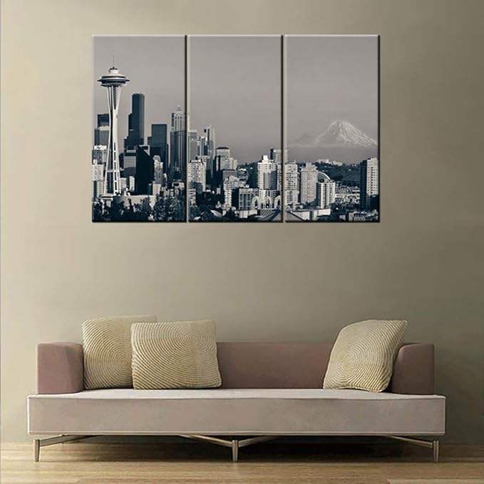 3 Piece Black and White Canvas Wall Art City Seattle Skyline Wall Pictures for Living Room Modern Washington Cityscape Art Wall Decor Stretched and Framed Ready to Hang - 24'' x 12'' x 3 Panels