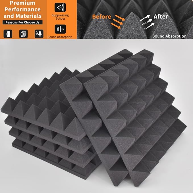 24 Pack Pyramid Designed SoundProof FoamPanels 2" x 12"x 12" Saiqiang Acoustic Foam Panels Soundproofing Sound Absorbing Black Sound Proof Foam Panels for Walls