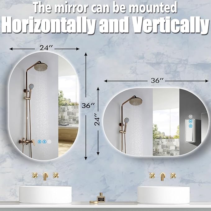 36 x 24 Inch Oval Backlit Mirror 3 Color Adjustable Brightness Antifog Horizontal Vertical Mount 36" Frameless Oval Lighted Vanity Mirror for Bathroom Wall LED Ovals Light up Smart Mirrors 3