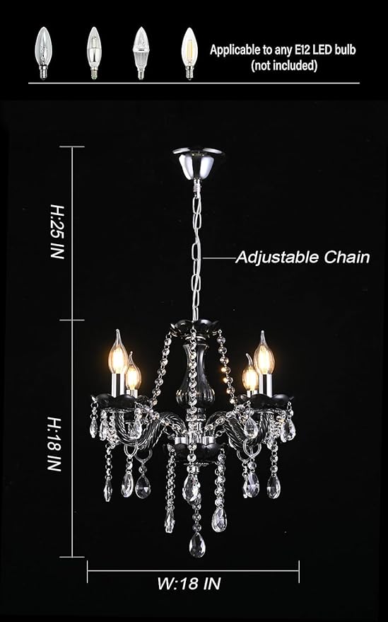 MALOSA Small Black Crystal Chandeliers,4 Lights Mini Black Glass Chandelier for Living Room,Bedroom,Dining Room,Kitchen Island.