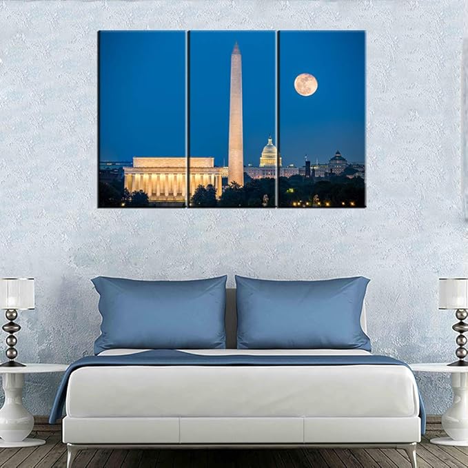 3 Piece Canvas Wall Art -Lincoln Memorial, Washington Monument and Capitol Building in Washington DC as viewed from Arlington, Virginia- Modern Home Decor Stretched and Framed Ready to Hang 20"x40"x3