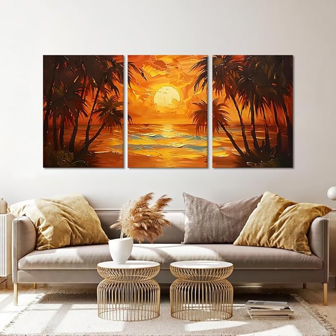 MAMAGO Abstract Beach Wall Decor 3 pieces Orange Skyline Palm Trees Romantic Landscape Canvas Print Picture for Living Room Bedroom Modern Wall Art Framed Easy to Hang-20”W x 28”Hx3pcs
