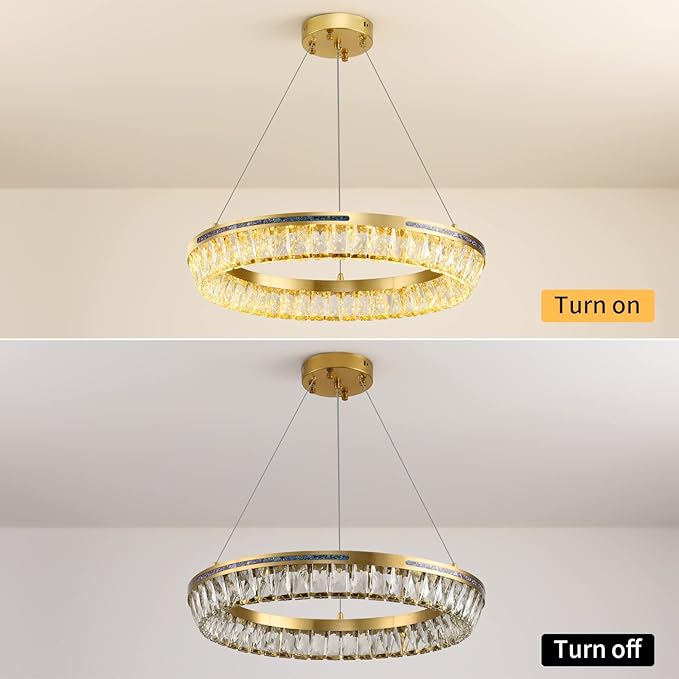 Modern LED Crystal Chandelier Brass Round Dimmable Gold Chandelier Light Fixture 3 Colors Pendant Ceiling Light for Dining Room Living Room Kitchen Island Entryway Foyer Bedroom Bathroom D22''