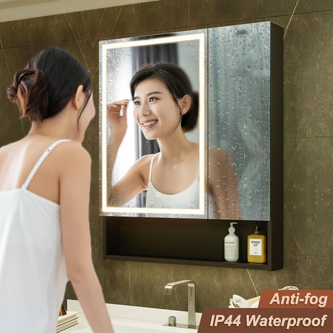 KWW LED Lighted Bathroom Medicine Cabinet with Sockets & USBs, Defogger, Dimmable, 3 Color Light Makeup Mirror, Easy to Install, Wall Mounted Cabinet (Two-Door, 30 * 34)