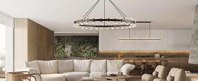 60 Inch Black Wagon Wheel Chandelier with Crystal Shade, 60 Lights, Modern Farmhouse Style, Ideal for Dining Room, Kitchen, Entryways