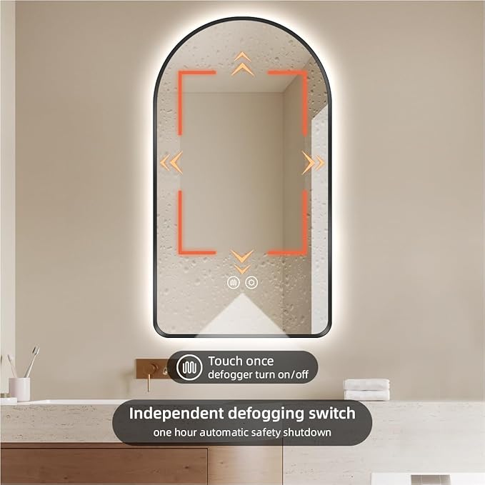40" x 24" Arched LED Bathroom Mirror, Brushed Black Framed, Backlit Vanity Mirror with Lights, Wall Mounted Lighted Mirror, Dimmable 3-Color Shatter-Proof Arch Smart Mirror, UL-Listed, CRI≥93