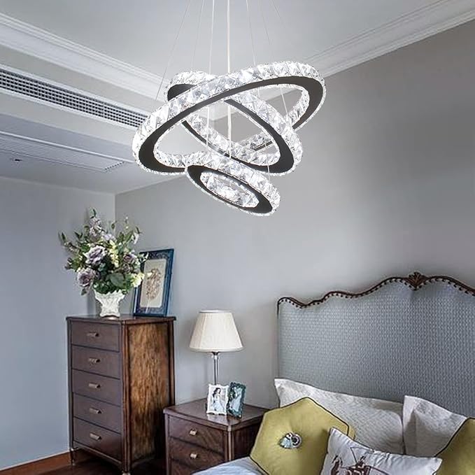 Modern LED Crystal Black Chandeliers 3 Rings Pendant Light Adjustable Height Ceiling Lamp for Dinning Room Bedroom Living Room (Cool White)