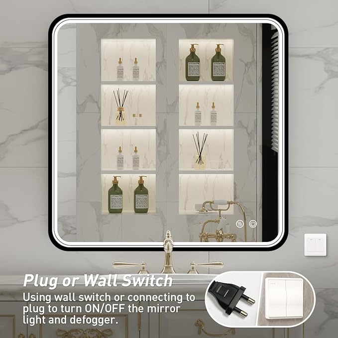 36X36 Inch Black Frame Bathroom with Lights,Wall Mounted Lighted Vanity Mirror,Anti Fog Dimmable Led Mirror for Makeup(Horizontal/Vertical)