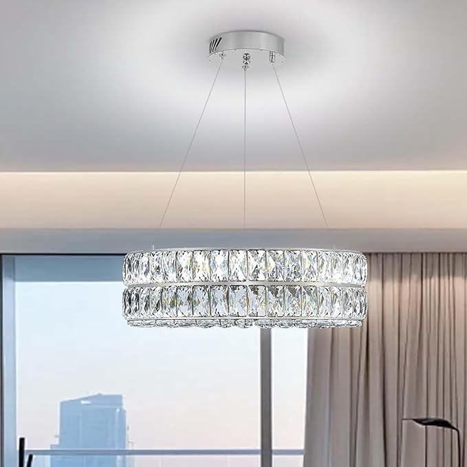 Led 15.7" Silver Ring Crystal Chandelier for Living Room, Modern Dimmable Chandeliers Lighting Adjustable Hanging Pendant Light for Dining Room