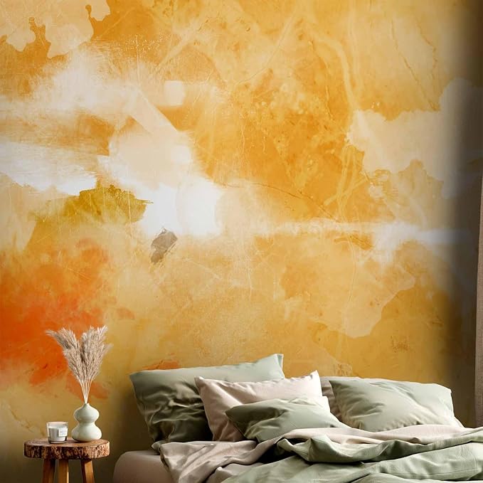artgeist Wall Mural Abstract 193x138 in - XXL Peel and Stick Self-Adhesive Wallpaper Removable Large Sticker Foil Wall Decor Print Design Watercolor Paint Stains Like Painted Orange a-A-0938-a-a