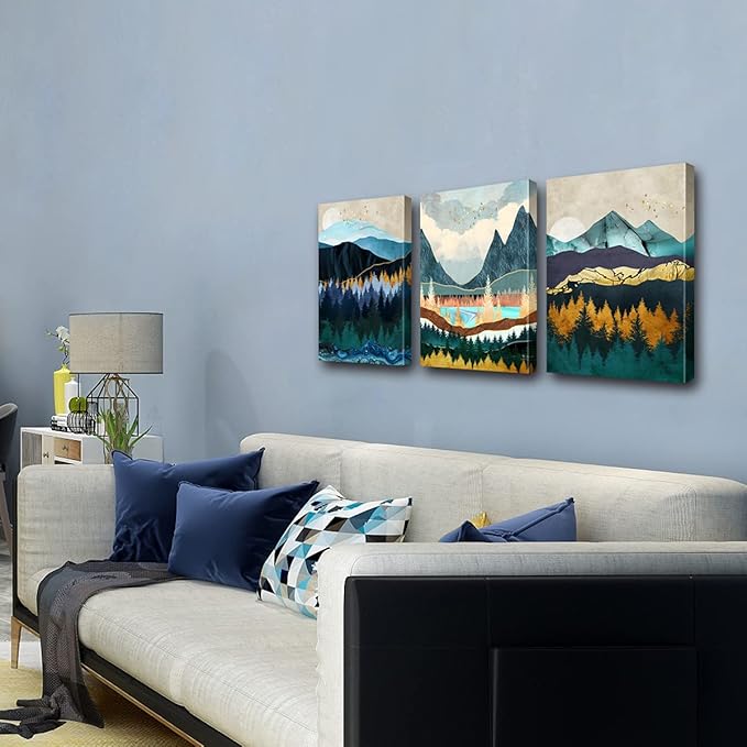Abstract Mountain Wall Art Boho Nature Pictures for Living Room Watercolor Forest Landscape Wall Decor Nordic Painting Canvas Prints Modern Geometric Artwork Bedroom Bathroom Home Decoration 12x16" 3P