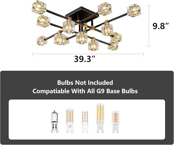 Crystal Ceiling Light Fixture with 13-Lights,Black and Gold Semi Flush Mount Ceiling Light,Modern Chandelier for Kitchen Island,Living Room,Bedroom,Dining Room
