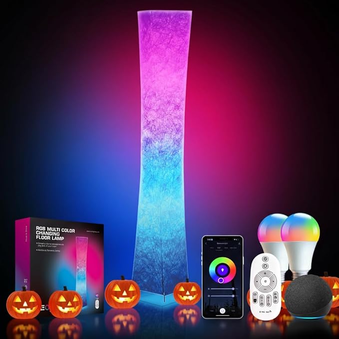 LEONC RGB+CCT Floor Lamp with Remote, 1800lm LED Tuya Smart 9W×2 Bulbs, 61" Smart Modern Floor Lamp with Alexa, Music Sync and 16 Million Colors, Color Changing Standing Lamp for Bedroom Living Room