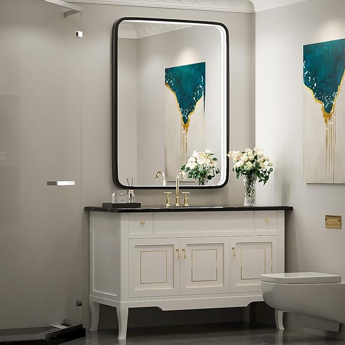 32X24 Inch LED Bathroom Mirror with Light, Black Metal Frame Mirror, Wall Mounted Lighted Vanity Mirrors for Wall, Anti Fog Dimmable Led Mirror for Makeup