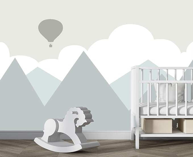 Cartoon Hot air Balloon Mountain Peak Baiyun Children's Nursery Wall Mural Wallpaper 137" x 100"
