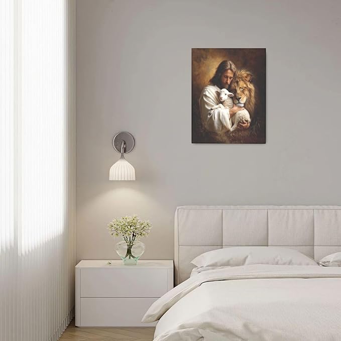 Jesus Lion Lamb Wall Art Christian Jesus Wall Decor Lion of Judah Pictures Religious God Canvas Painting Print Christ Artwork Decoration for Living Room Bedroom Church Framed Gifts 16”X20”