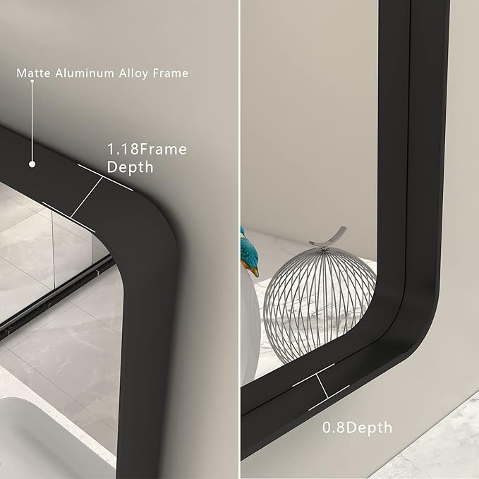 36x36 Square Black Bathroom Mirror, Matte Framed Bathroom Vanity Mirror for Wall, Modern Rectangle Mirror, Rounded Corners, Tempered Glass