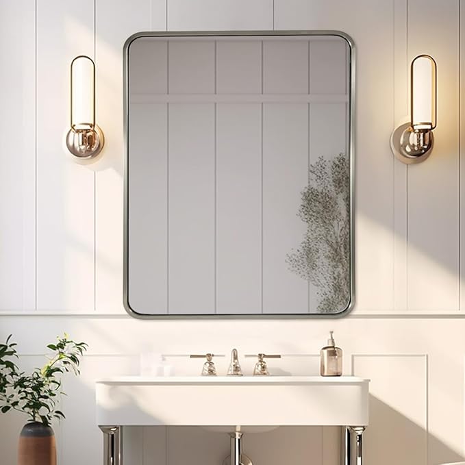 ANDY STAR 40x32 Inch Brushed Nickel Bathroom Mirror, Rounded Rectangle Bathroom Vanity Mirrors for Wall, Anti-Rust SUS304, Seamless Tube Metal Frame, 1’’ Deep Wall Mounted Vertically/Horizontal