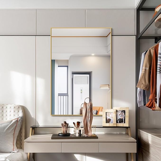 Koonmi Gold Mirrors for Wall, 26x38 Inch Bathroom Mirror, Rectangular Wall Mirror for Living Room Bedroom Bathroom, Hangs Horizontally or Vertically