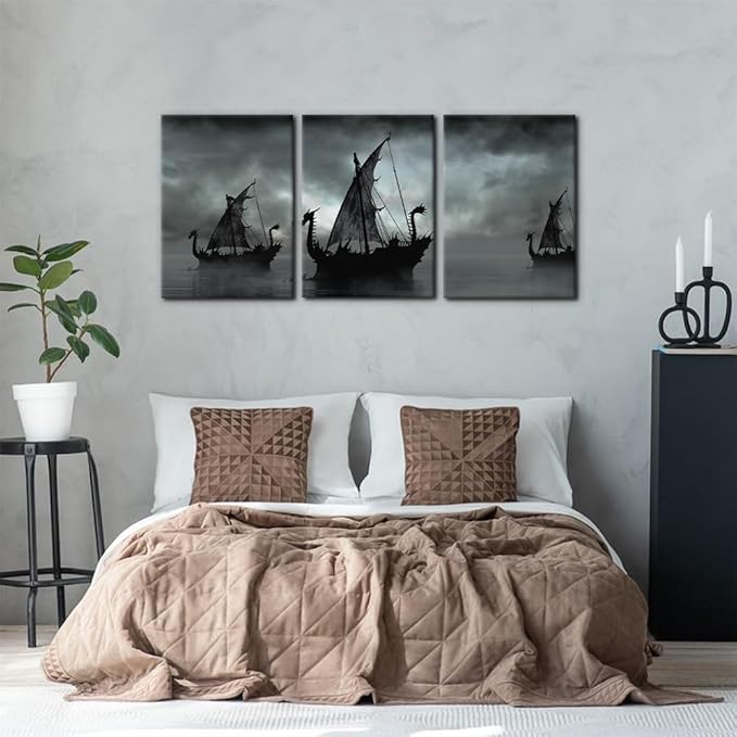 Pacimo Black and White Painting Wall Decor Vikings Ship Artwork Fantasy Sailing Boat Pictures for Living Room 3 Panel Dragon Modern Canvas Wall Art Framed Posters Prints Ready to Hang - 20"x28"x3