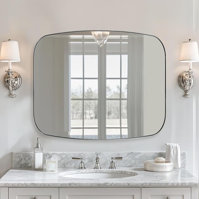 ANDY STAR 30x36 Chrome Bathroom Mirror, Oblong Silver Mirror with Stainless Steel Metal Frame, Oval Vanity Mirror for Over Sink, Modern Anti Rust Wall Mounted