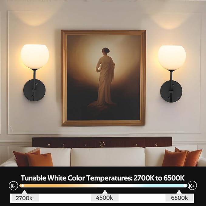 MOITA Wall Sconces Set of Two, Wireless Battery Operated Wall Decor with Remote, Sconces Wall Lighting with Glass Shade, Upward and Downward Installation, 12 RGB Colors and 3 CCT Options