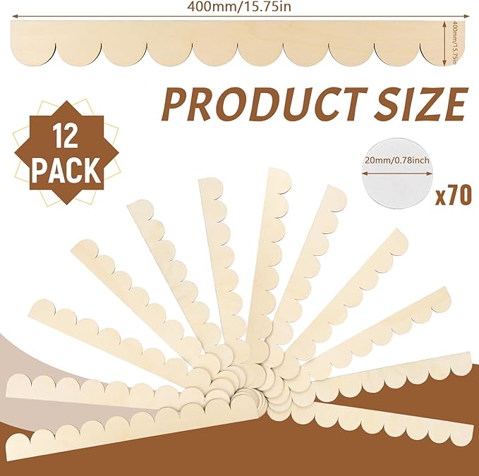 12Pcs Unfinished Scalloped Decorative Wood Trim with Glue Dots, 15.75" x 1.57" Scalloped Wooden Edging Trim Cute DIY Moulding Trim for Home Wall Cabinet Window Door Decor, Interior & Exterior Use